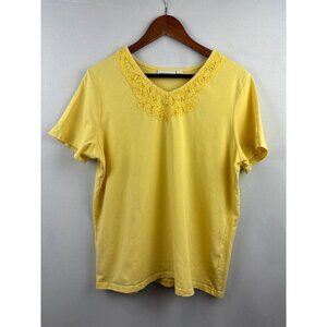 Women’s Susan Graver Large Yellow Short Sleeve Shirt with Lace Neckline